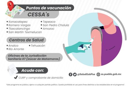 ¡Atención! Jornada vigente de vacunación contra Covid-19 vigente en Atlixco
