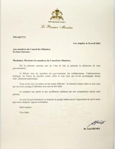 Carta de Ariel Henry dimitiendo al gobierno de Haití