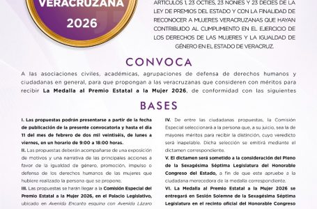 Dan a conocer Convocatoria al Premio Estatal a la Mujer 2026